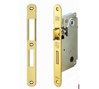 Serrure AGB série « Centre » - loquet et manœuvre laitonée peinte actionnée par le cadre de 6 mm. Entrée 50 - Entraxe mm. 90 - Avant mm. 22 x 196 avec contre-plaque.