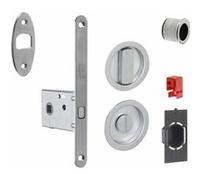 Serrure porte coulissante à crochet - Axe 50mm - Rosaces rondes condamnation + tire-doigts + gache à condamnation G