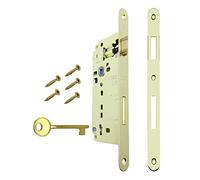 Serrure pour porte intérieure à encastrer AGB série PATENT GRANDE. Entrée 50, entraxe 90. (Face 18x238, PÊNE DEMI-TOUR - PÊNE DORMANT - CLÉ, LAITON Brillant)