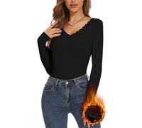 SERSARY Hauts Thermiques Femme Thermolactyl de Dentelle col V T-Shirt Thermique à Manches Long Pull Basique Vêtements sous Vetement Chaud élégant Maillot de Corps Femme Dessus de Base Chaud,Noir,M