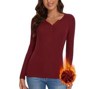 SERSARY sous Pull Thermolactyl Femme Haut Thermique Henley Top Col V Tee Shirt Chaud Femme Manche Longue Maillot de Corps sous Vetement Thermiques Femme Leger Hiver Long Sleeve,Bordeaux,M