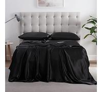 Serta SatinLuxury 4pc Soft Lightweight Deep Pocket Bedding Silky Satin Sheet Set with Pillowcases, Queen, Black