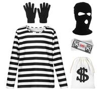 SERTAS Costume de voleur, costume d'Halloween pour homme, costume de prisonnier pour homme, ensemble de costume de voleur d'Halloween pour adulte, comprend un t-shirt, des gants, des sacs et une