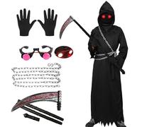 SERTAS Costume d'Halloween de faucheuse avec yeux rouges brillants pour enfants garçons, costume de faucheuse 7 pièces avec chaîne de lunettes, ceinture (A, 145)