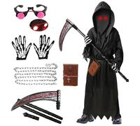 SERTAS Costume d'Halloween de faucheuse avec yeux rouges brillants pour enfants garçons, costume de faucheuse 7 pièces avec chaîne de lunettes et ceinture (B, 150)
