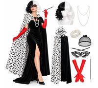 SERTAS Cruella Devi Costume pour femme, costume d'Halloween, avec cape, perruque, gants et collier, pour carnaval, fête