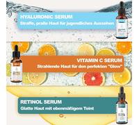 Sérum visage avec vitamine C, hyaluronic acid, rétinol, anti-rides, anti-âge, SET 1x vitamine C/ 1x hyaluronic acid/ 1x rétinol