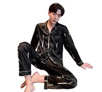 SERUMY Pyjama Homme Hommes Pyjamas en Soie Pantalon Adapté des Hommes Pyjama Complet Pyjama De Maison Surdimensionné Pyjama pour l'hiver d'automne-Black,3XL(70-80Kg)