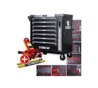 Servante d'atelier BM TOOLS 9/7 MONSTER-EDITION-GREY 7 tiroirs pleins 257 outils + Cric hydraulique Kraft Muller 2,25T ROUGE