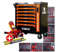 BM TOOLS Servante d'atelier 9/7 Monster-Edition-Orange 7 tiroirs Pleins 257 Outils + Cric hydraulique Kraft Muller 2,25T Rouge