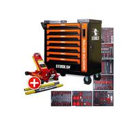 Servante d'atelier BM TOOLS 9/7 MONSTER-EDITION-ORANGE 7 tiroirs pleins 257 outils + Cric hydraulique Kraft Muller 2,25T ROUGE