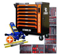 Servante d'atelier BM TOOLS 9/7 MONSTER-EDITION-ORANGE 7 tiroirs pleins 257 outils + Cric hydraulique Kraft Muller 2,25T Bleu G