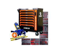 Servante d'atelier BM TOOLS 9/7 MONSTER-EDITION-ORANGE 7 tiroirs pleins 257 outils + Cric hydraulique Kraft Muller 2,25T Bleu G