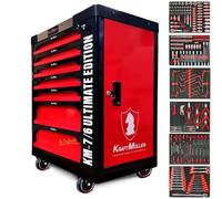 Servante d'atelier Kraft Muller KM-7-6 Rouge/Noir, 265 Outils inclus avec clé Dynamo - 7 tiroirs & 1 porte côté, sur roulettes