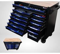 Servante d'atelier outillée KRAFTMULLER XXL Bleue, Plateau Bois, 13 tiroirs/11 remplis d'outils, clés - cliquet-dynamométrique, à Douilles, Tournevis, 4 Roues, verrouillable