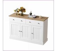 Servers, Sideboards &amp Buffets - Buffet Élégant Texturé Gravé - Blanc &amp Bois - Grand Espace de Rangement