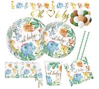 Serves 24 Oh Baby Safari Ultimate Party Pack comprenant assiettes, tasses, serviettes, nappes, bannières, pailles, ballons, idéal pour fête prénatale, révélation du sexe, fournitures et décorations de