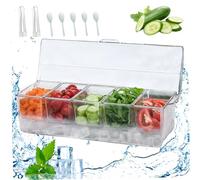 Serveur de Condiments réfrigérés avec Couvercle, Support de Condiment, Caddie de Condiments en Toute sécurité avec 5 Compartiments Amovibles sur la Glace, Plateau de Service refroidi avec poignée pou