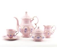 Service à café, fleurs bleues, porcelaine rose, Leander, 15 pièces