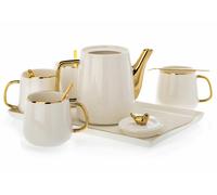 HowHomely Service à café en céramique pour 4 personnes - Moderne - Blanc - Avec théière, 4 tasses et plateau de service - Idéal pour le service à café, le service à thé ou d'autres boissons