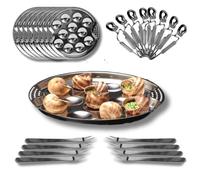 Service à Escargots 8 Personnes - 8 Assiettes 12 trous, 8 Pinces et 8 Piques en Acier Inoxydable - Coffret Complet d'Ustensiles