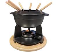 Service à fondue - BAUMALU - Caquelon en fonte - Noir mat - Couvercle anti-éclaboussures - 6 fourchettes