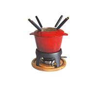 Baumalu Service à fondue en fonte émaillée rouge dégradé 21x21x21 cm 6 pers avec plateau en bois