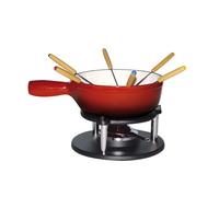 Baumalu, Service à Fondue Savoyarde en Fonte Émaillée Rouge, 20 cm, pour 6 personnes, comprenant 1 réchaud, 1 brûleur, 1 caquelon et 6 fourchettes