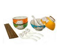 lachineuse - Coffret Vaisselle Chat Maneki Neko - 4 Bols, 4 Paires de Baguettes & 4 Cuillères - Coffret Bols à Riz, Petit Déjeuner & Soupe - Vaisselle Japonaise Couleur - Cadeau Japonais - Déco Japon