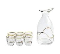 Service à saké en Verre 7 pièces, Peint à la Main, avec Bordure dorée, Style Japonais, pour saké Froid, Chaud, Shochu, thé, saké (Transparent)