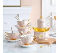 Service à Thé 13 Piece Ceramics Tea Set With Tray Coffee Candle Heating Glass Teapot Afternoon Teacup And Saucer Pour Le Quotidien(Rosa)