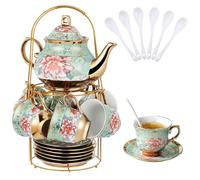 Service à thé 20 pièces en porcelaine avec support en métal, service à thé pour adultes, service à thé européen en céramique pour adultes, ensemble de tasses à thé à fleurs pour fête avec peinture de