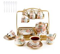 Service à thé 22 pièces en porcelaine, tasse et soucoupe de 220 ml avec théière de 1100 ml, service à thé de luxe de l'après-midi, tasse à café britannique en céramique, avec support en métal, pour