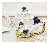 Service à Thé 7 Pièces Émail Thé Tasse Ensemble Verre Théière Style Européen Maison 6 Fleur Affaires Simple Pour Le Quotidien(Blue rose)