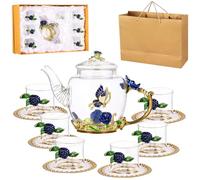 Service à thé 7 pièces en verre floral pour femmes, service à thé pour adultes, ensemble de théière en verre avec coffret cadeau, ensemble de tasses à théière avec dessous de verre