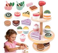 Service à Thé Bois Bébé avec Support, Jouet Éducatif Éveil Montessori, Jeux Rôle Gâteau Dessert Dinette Jouet Cuisine, Cadeau Créatif Anniversaire Pâques Noël Enfant Garçon Fille 3, 4, 5, 6 Ans