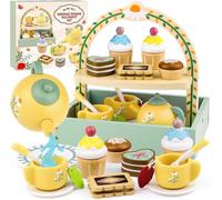 Service À Thé Bois Bébé,Jeux Rôle Tea Party,Jouet Éducatif Éveil Montessori,Gâteau Dessert Dinette Jouet Cuisine,Cadeau Créatif Anniversaire Pâques Halloween Noël Enfant Garçon Fille 3+ Ans