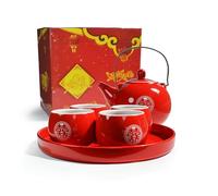 Service à thé chinois en porcelaine avec 4 tasses pour adultes, hommes, femmes, cérémonie, mariage, décoration d'intérieur (double bonheur)