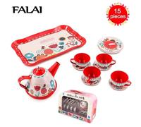 Service à Thé Dinette Enfant Jouet Cuisine en Métal - Coloré Fleur Impression - Rouge - Mixte