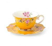 Service à thé en céramique de style chinois, décoré à la main d'un motif floral et d'oiseaux, idéal pour l'après-midi et le café. Tasses jaunes.