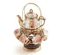 Service à thé en céramique rose rouge plaqué or, service à thé vintage avec théière, beau service à thé servant 6 personnes (Golden, large)