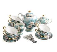Service à thé en porcelaine fine florale pivoine, 15 pièces, théière for adultes, 6 tasses et soucoupes, 1 sucrier, pichet crème