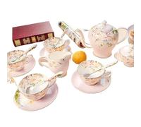Service à thé en porcelaine for femmes et adultes, 15 pièces, tasse soucoupe for 6 personnes, avec crémier sucrier(Pink)