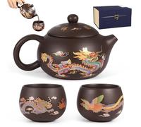 Service à thé fait à la main en céramique avec 2 tasses - Motif dragon et phénix - Pour les amateurs de thé
