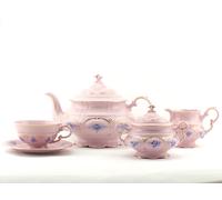 Service à thé, fleurs bleues, porcelaine rose, Leander, 15 pièces