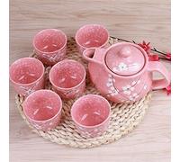 Service à thé japonais en fleurs de cerisier, 1 théière et 6 tasses, théière en céramique, bouilloire, service à thé pour la maison et le bureau, tasses à thé à fleurs chinoises (Red Seven)