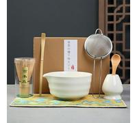 Service à Thé Japonais, Matcha Kit 7 Pièces Matcha Set, Bol Matcha avec Bec Verseur, Fouet en Bambou, Support à Fouet, CuillèRe à Café, Tamis à Matcha, Torchon, Blanc Service à thé Matcha en Céramique