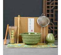 Service à Thé Japonais, Matcha Kit 7 Pièces Matcha Set, Bol Matcha avec Bec Verseur, Fouet en Bambou, Support à Fouet, CuillèRe à Café, Tamis à Matcha, Torchon, Vert Service à thé Matcha en Céramique