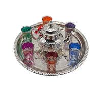 Service à thé marocain à utiliser tous les jours. Comprend une théière de 750 ml, un plateau de 32 cm de diamètre, 6 verres en verre.