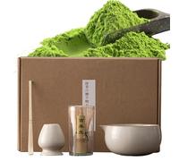 Service à Thé Matcha Japonais 4 Pièces - Bol en Céramique avec Bec Verseur, Fouet Chasen Bambou, Cuillère Chashaku & Support - Kit Traditionnel pour la Cérémonie du Débutant